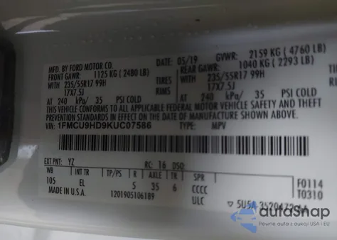 2019 Ford Escape Sel from USA, damaged, VIN 1FMCU9HD9KUC07586